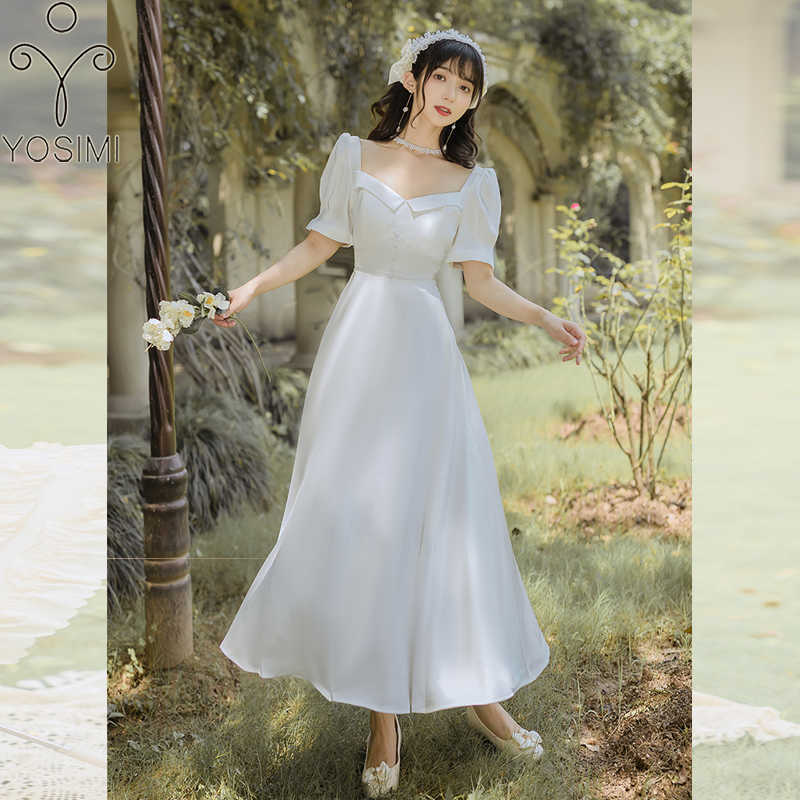 

YOSIMI Women White Long Dress Summer Chiffon Midi Elegant Ankle-Length Fit and Flare Short Sleeve Party 210604