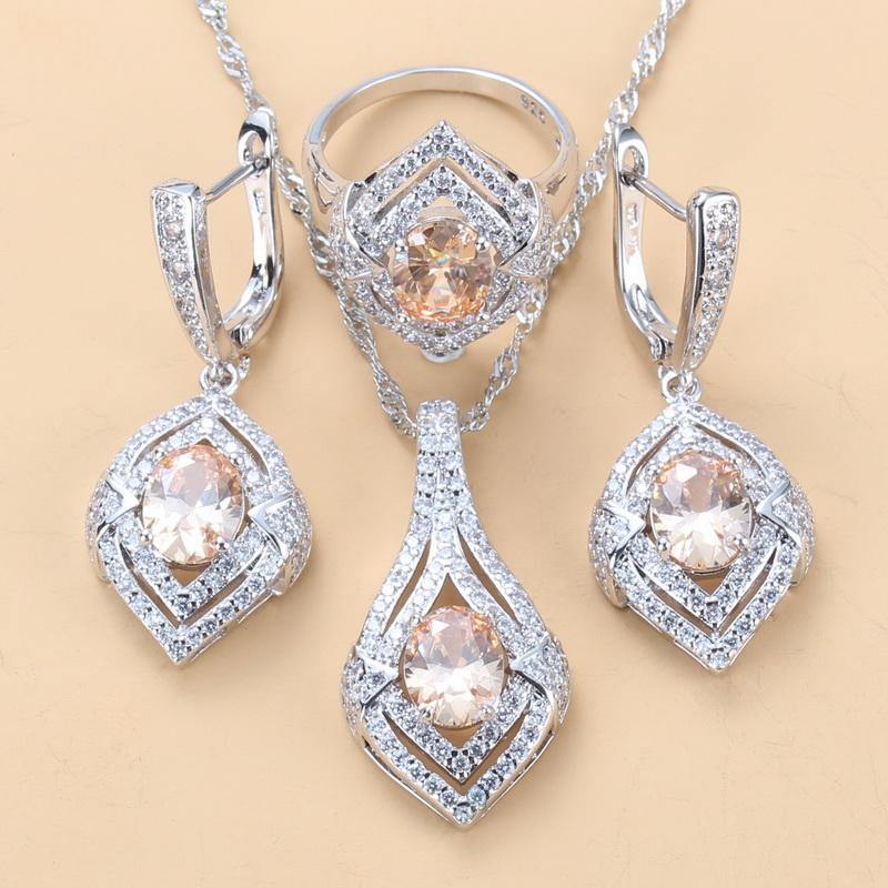 

Earrings & Necklace Understated Luxury Champagne Zircon Silver Color 3PCS Jewelry Sets For Women Fashion Vintage Costume, As pic