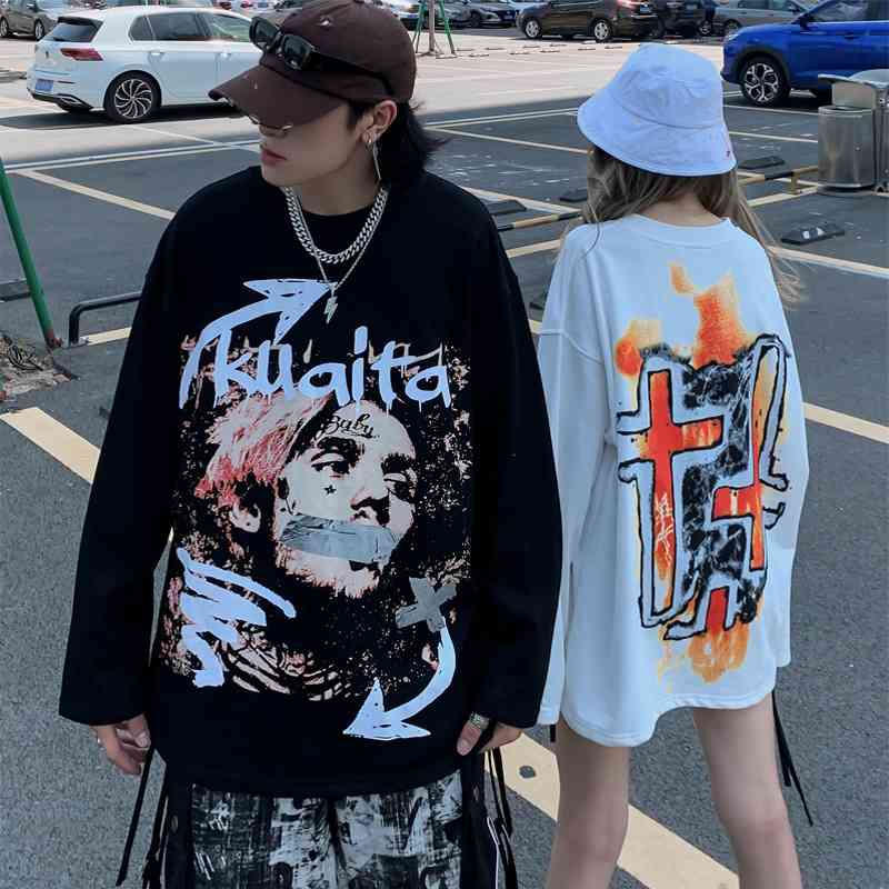 

2021 autumn winter men' InStyle hip hop singer lil peep off shoulder sleeve nostalgic loose sweater, White