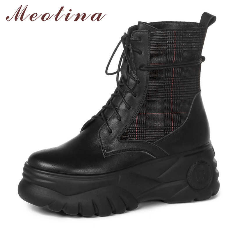 

Meotina Ankle Boots Women Shoes Genuine Leather Platform Flats Motorcycle Boots Round Toe Lace Up Lady Short Boots Autumn Winter 210608, Black synthetic lin