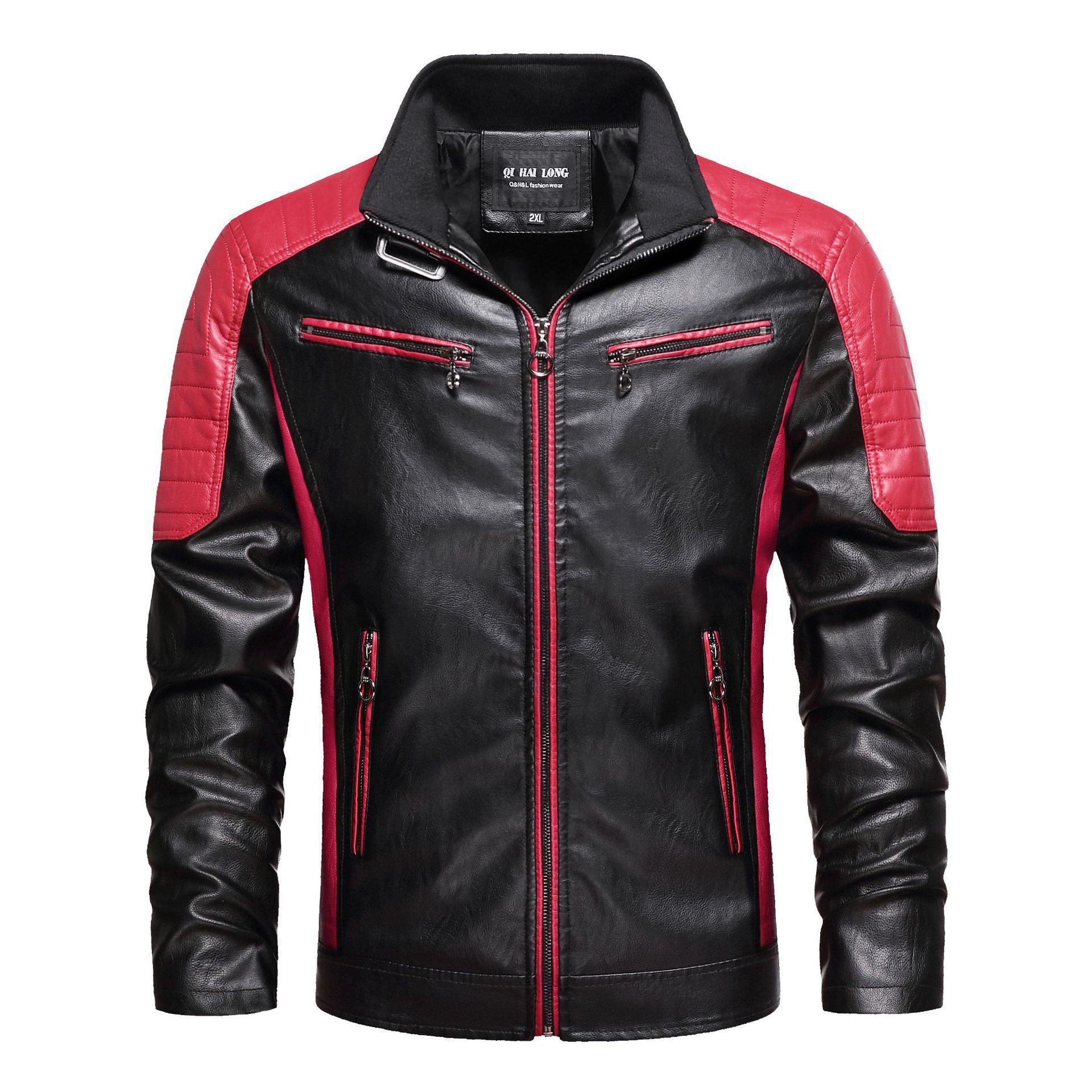 

Youth Men Thin Leather Jacket Stand Collar Slim Jacket PU Color-block Leather Jacket Men, Black