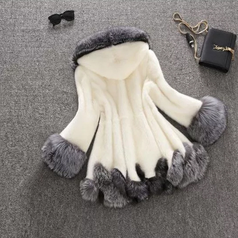 

European and American New Ladies Faux Fur Coat Faux Furs Rabbit Fox Furs Winter Hooded Short Coats, Black