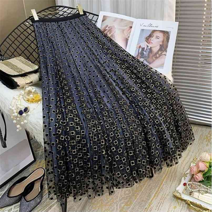 

Summer Heavy Shinny Gold thread Plaid Embroidery Skirt Female Women's Mid-Length High Waist Elegant Tulle A-line 210602, Black