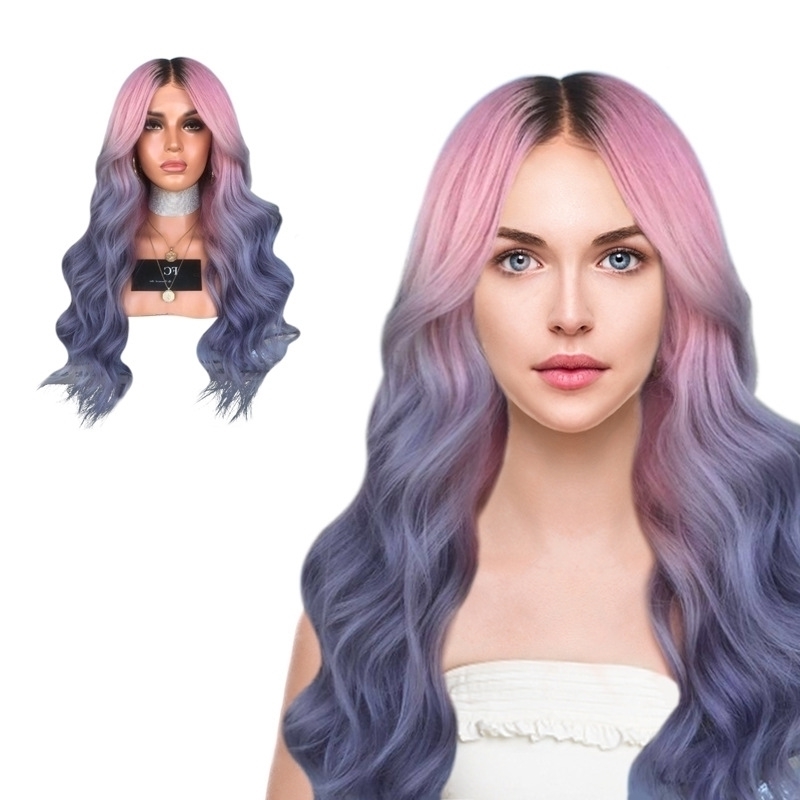 

head set pink Wig purple gradual change long curly hair big wave women's middle wig