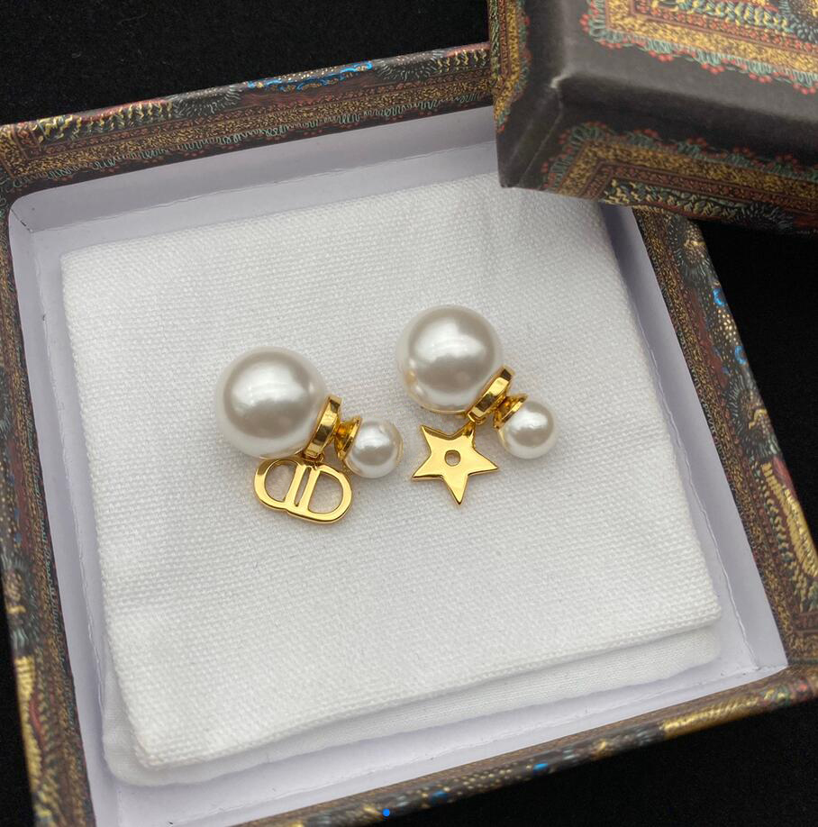 

Classic Gold Color Pearl Letter Dangle Pendant Earring High Quality Copper Have Stamps Eardrop Earrings Stud For Women Lady Luxury Designer, Silver