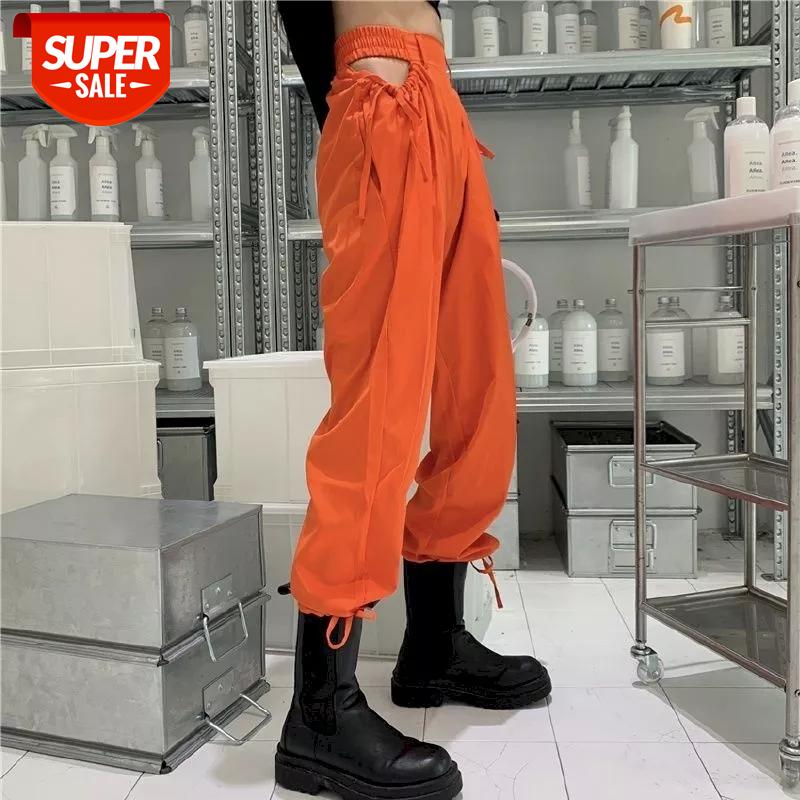 

2020 new casual pants hole loose wide-leg pants solid color high-waist Korean ins hollow wide-leg loose casual trendy overalls #0q8T, Black;white