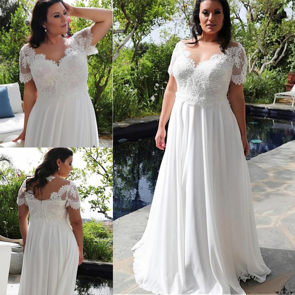 

2021 Brilliant Chiffon V-neckline A-line Plus Size Wedding Es with Beaded Lace Appliques Short Sleeves Bridal Gowns New 1u8h, Red