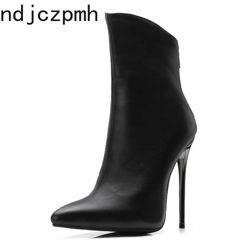 

Boots The Women Shoes Winter Fashion Pointed Zipper Fine Heel High Height 12cm Black White Women's Plus Size 34-48