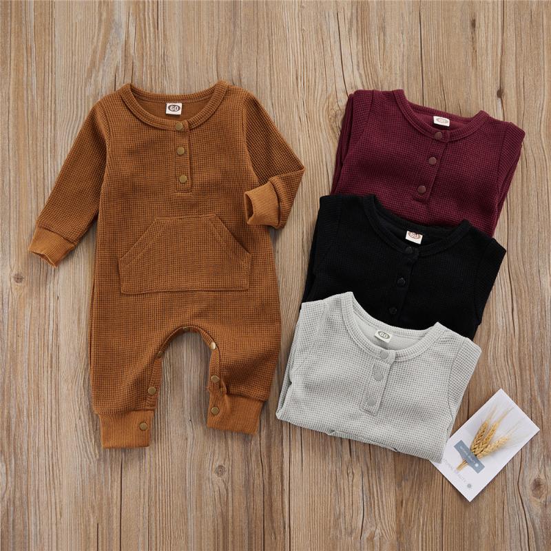 

Jumpsuits Infant Baby Girls Boys Casual Long Sleeve Jumpsuit Fashion Solid Color Waffle Snap Round Neck Romper, Blue