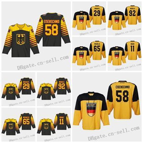 

Custom 2019 IIHF World Championship Germany Jersey 58 Eisenschmid 11 Marco Nowak Marc Michaelis 29 Leon Draisaitl Marcel Noebels Blank, Black;red