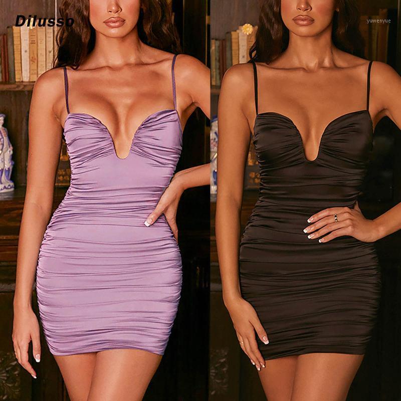 

Casual Dresses Women Fashion Sexy V-neck Sleeveless Solid Party Backless Dress Sling Satin Slim Bodycon Mini Summer, Black