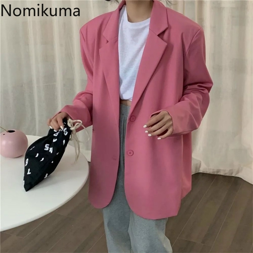 

Nomikuma Autumn Women Blazers Coat Korean Causal Solid Suit Jacket Long Sleeve Notched Collar Blazer Feminimos 6B235 211019, White