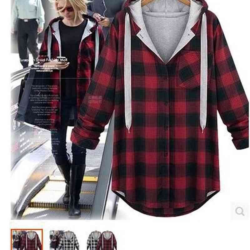 

Korean Streetwear Hoodies Oversize Hoodie Womens Hooded Patchwork Chic Plaid Long Sleeve Shirt Casual Button Women Sweatshirt 210603, Burgundy