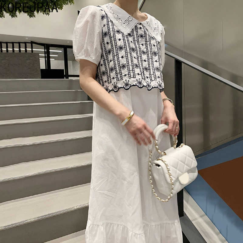 

Korejpaa Women Dress Summer Korean Chic Elegant Temperament Doll Collar Flower Embroidery Stitching Puff Sleeve Vestidos 210526, White