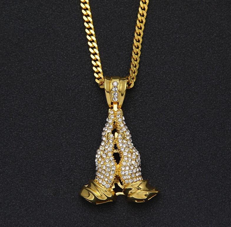

Gold Praying Hand Pendant Necklace Christian Apostle Lucky Jewelry Bling Rhinestone Men's Hip Hop Hand Necklace ps1208, Silver