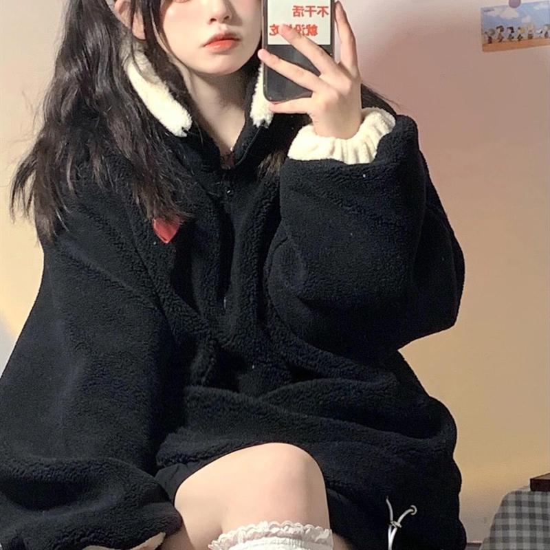 

Women's Jackets Vintage Thick Women Coats Korean Chic Hip Hop Stand Collar Love Female Japanese Preppy Style Kawaii Oversize, Black;brown