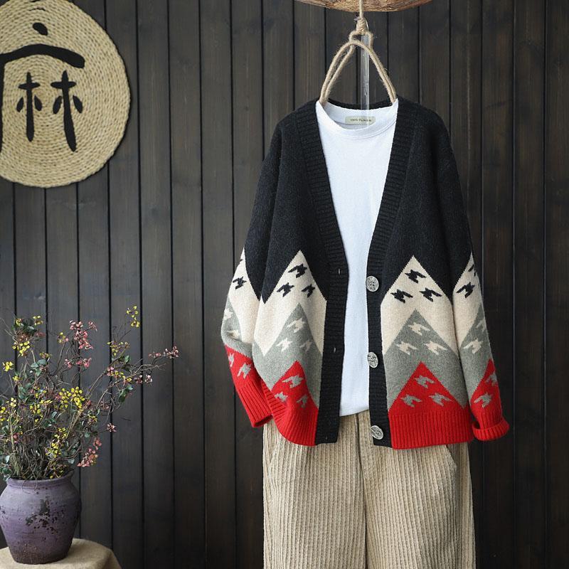 

vangull animal print knitted women sweater cardigans single breasted long sleeve cardigans loose paper crane pattern sweater, Black