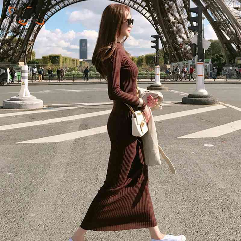 

Autumn Winter Knitted Sweater Bodycon Dress Women Stretchy Long Sleeve Turtleneck Sexy Lady Slim Knit Dresses Vestidos 210603, Caramel