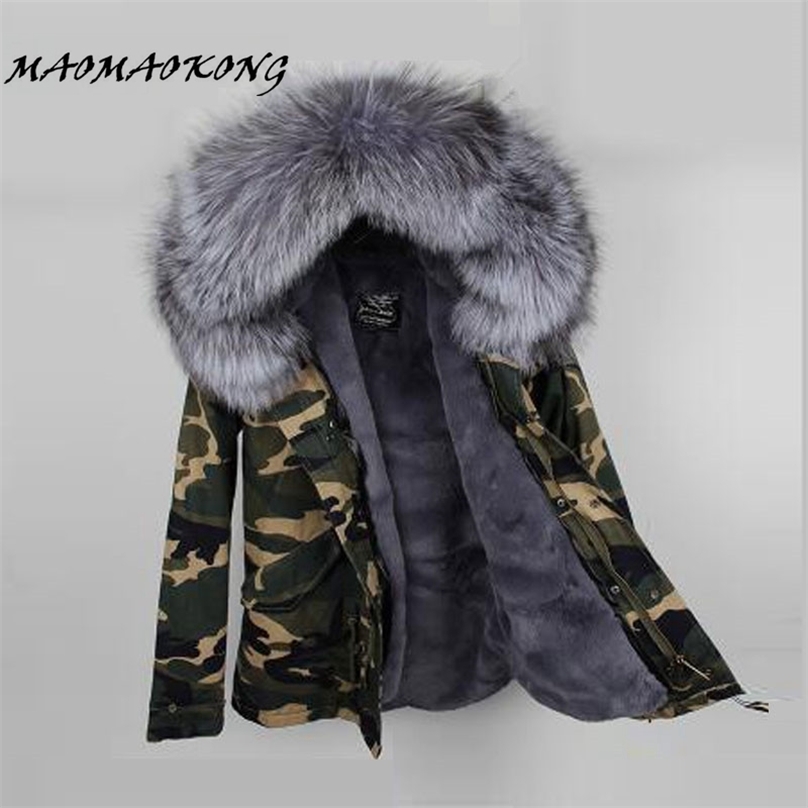 

Women Winter Camo Parkas Large Raccoon Fur Collar Hooded Coat Outwear 2 in 1 Detachable Lining Jacket Brand Style 211018