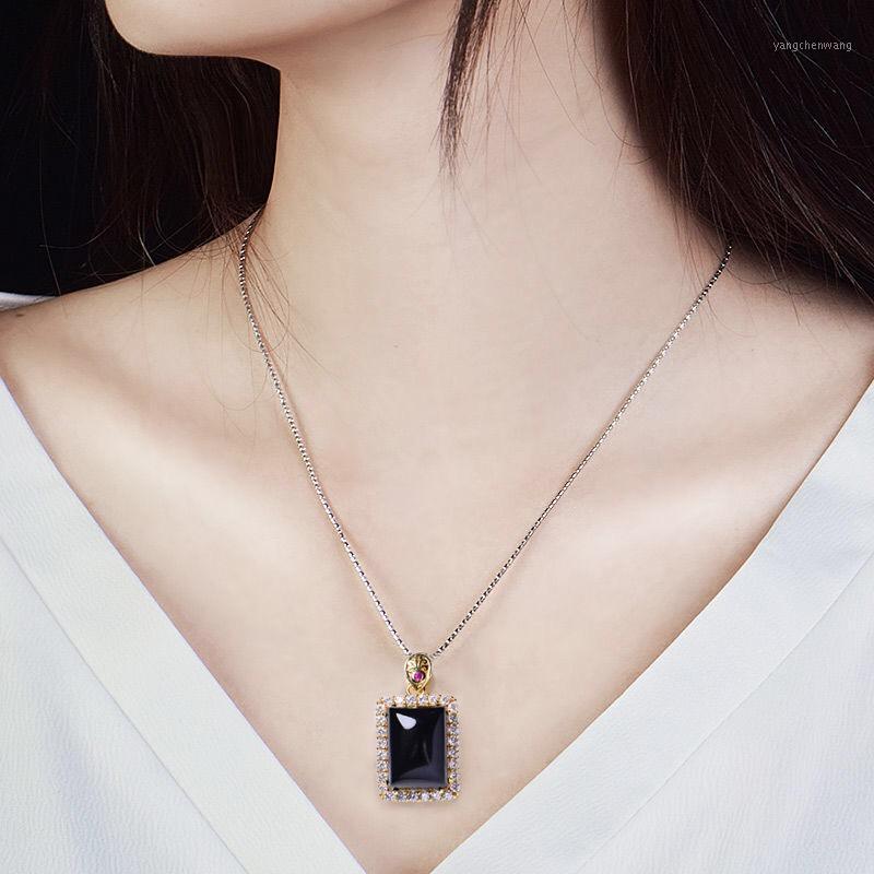 Chains Black Jade Chalcedony Ping An Brand Pendant, Colorless Sand, Gold And Silver Female Inlaid With Gemstone Clavicle-image-741990086