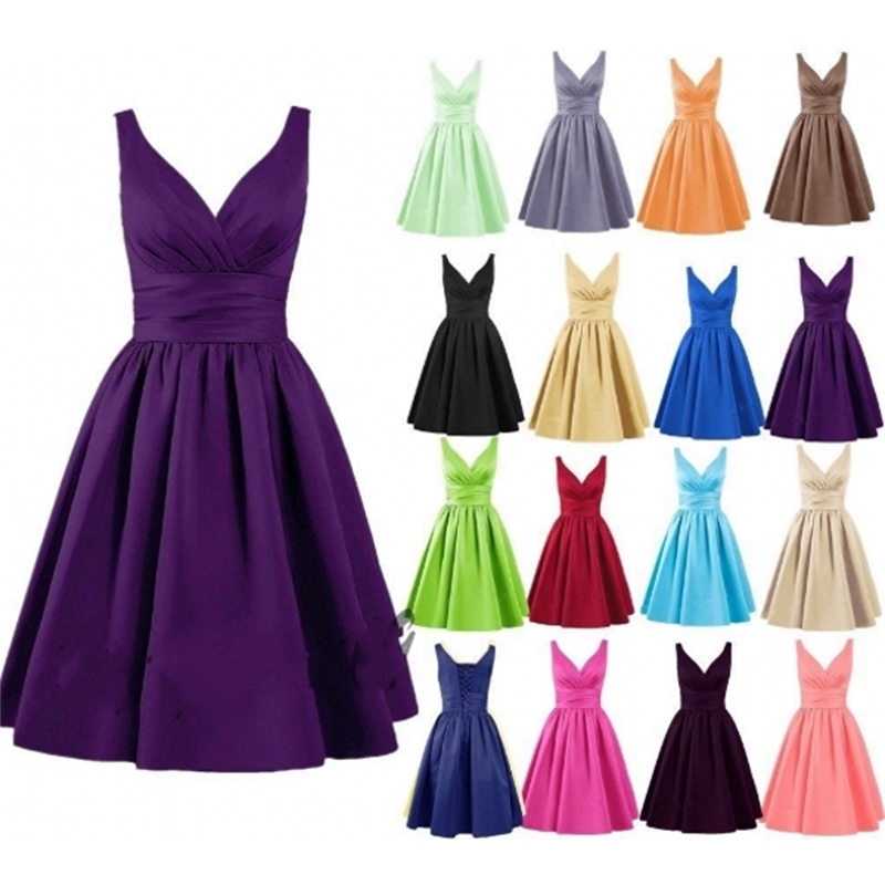 

2021 New High Qulity Sky Blue/green Short Satin Cocktail Cheap V-neck Pleats Graduation Party Fashion Robe De Soriee 9fa8, Black