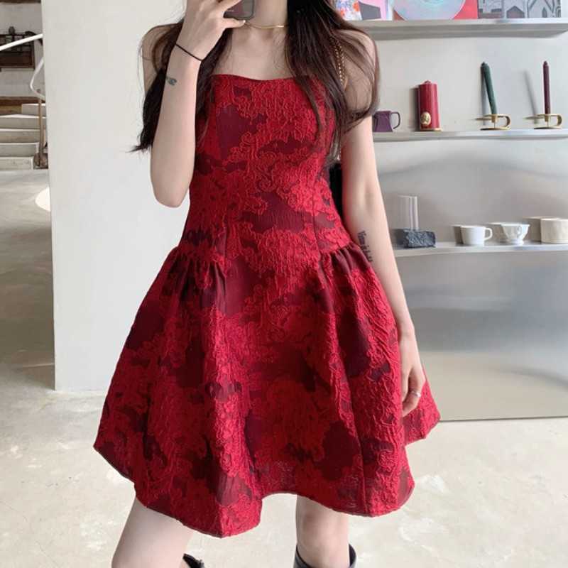 

Sexy Strapless Party Dress Women Jacquard High Waist Ball Gown Club Backless Vestidos Summer Shoulderless Dresses 210526, Photo color
