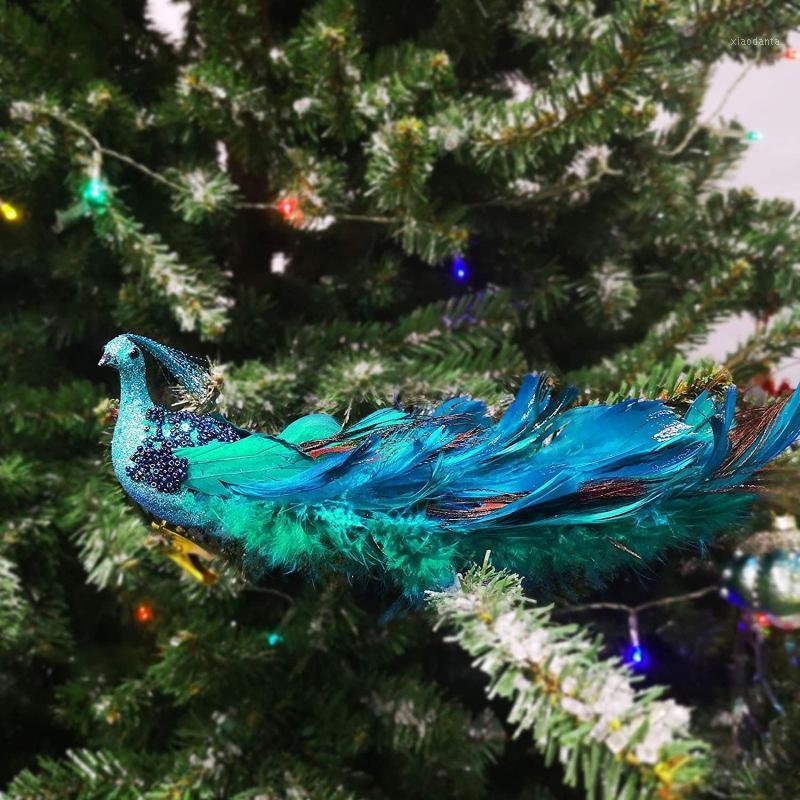 

Christmas Decorations 12in Peacock Ornaments Glittered Bird Clip-On Turquoise Hanging