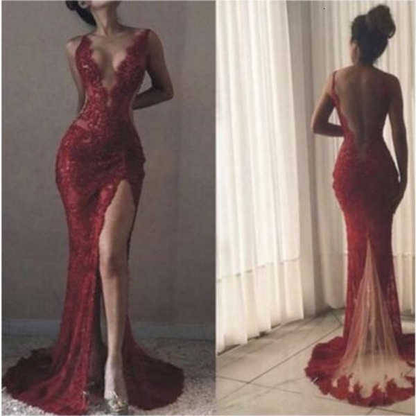 

2021 New Sexy Applique Backless Mermaid Burgundy Prom Es Abiye Robe De Soiree Longue Tulle Evening Gowns Split O1fi, Red