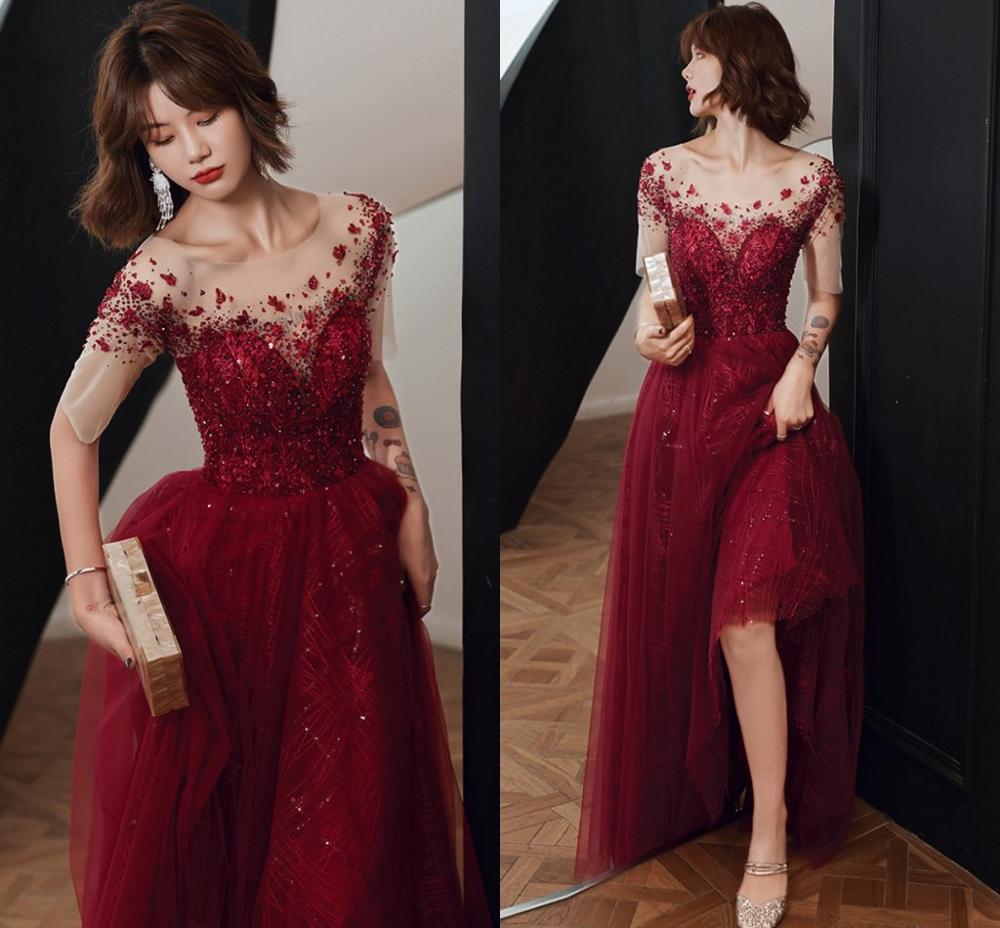 

2021 New Luxury Dubai Sequins Evening Illusion Neck Short Sleeves Crystal 3d Flowers Arabic Plus Size Formal Prom Party Gowns 837v, Burgundy