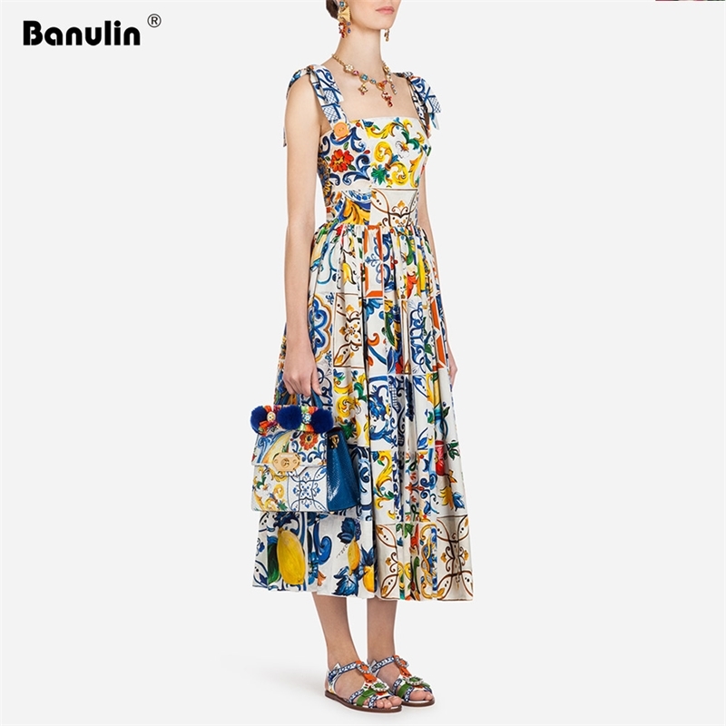 

Banulin Fashion Runway Summer Dress Women' Bow Spaghetti Strap Gorgeous Floral Print Midi Cotton vestidos 210603, The picture color