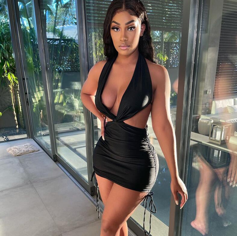 

Casual Dresses 2021 Women' Solid Color Halter Lace-up Double Smock Sexy Mini Dress, Black