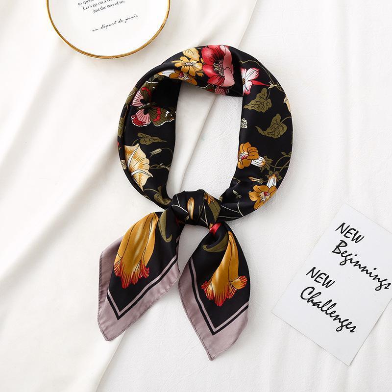 

Scarves 70 Satin Chiffon Women's French Retro Silk Flower Printing Small Square Scarf Gift Stewardess, Blue;gray
