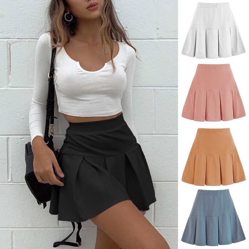 

2021 New Fashion Casual Solid Black Pink White Pleated Cute Women Kawaii Mini Skirts Short Skirt Sexy Streetwear Summer Autumn Nmkb, Blue