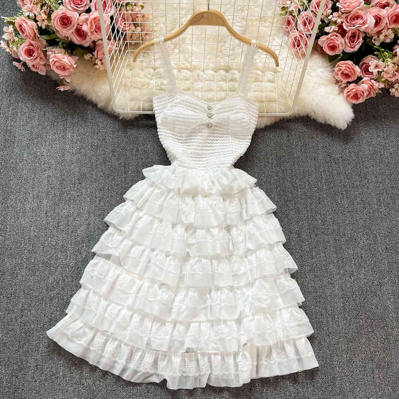 Casual Dresses Korean Sweet Women Sling Cake Strapless Pearls Botton Cascading Ruffles Elegant Mini Summer Fashion Party Robe TKDO-image-706929517
