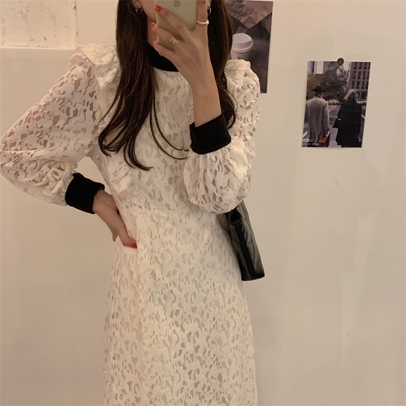 

Gentle Ruffles Chic Women French Stylish Color-Hit Slim Vintage Long Dress Elegance Vestidos 210525, Black