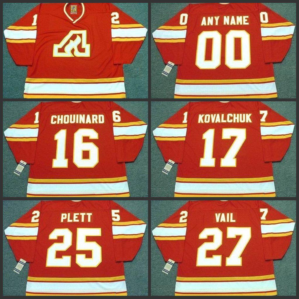 

25 WILLI PLETT 27 ERIC VAIL 16 GUY CHOUINARD 17 ILYA KOVALCHUK atlanta flames 1980 vintage away hockey jersey S-3XL, Red 25