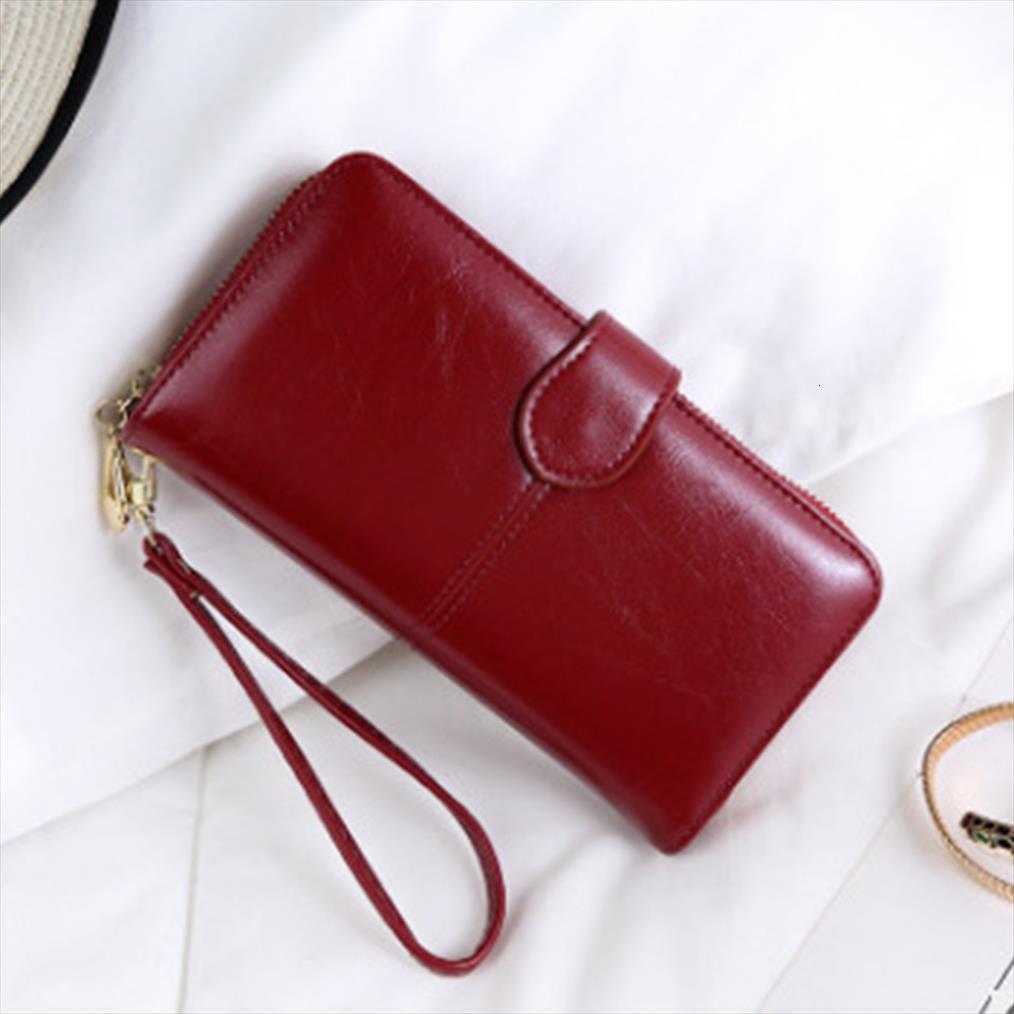 

long oil wax leather wallet large capacity mobile phone bag zipper coin womens card holder bill money pocket, Red;black