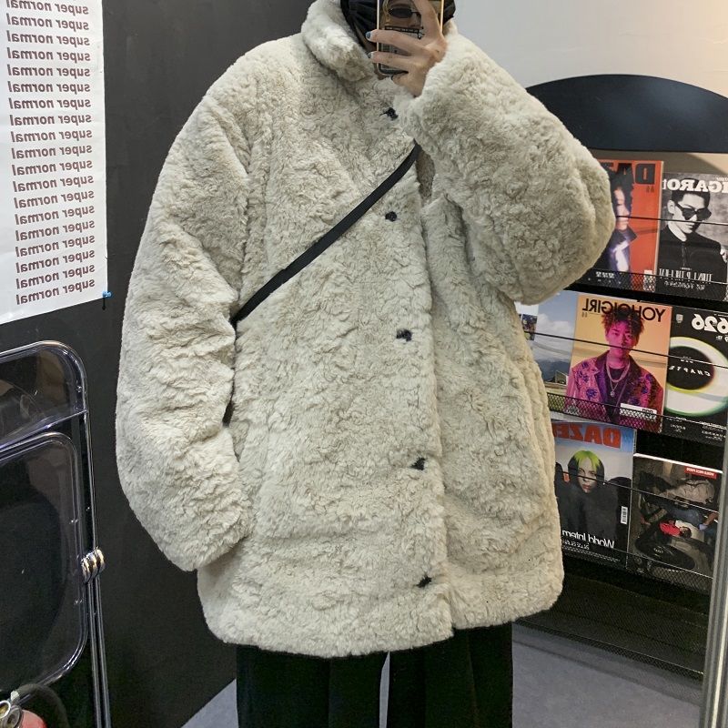 

2021 New Winter Thick Plush Jacket Men's Warmth Fashion Retro Lapel Men Wild Short Coat Mens Clothes S- 828v, Rose pink