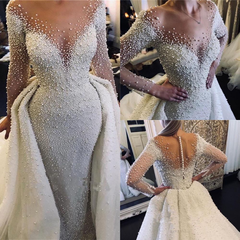 

2021 New Luxury Full Pearl Beads Mermaid African Wedding Es with Detachable Train Long Sleeves Saudi Arabic Bridal Gown Aee4, Ivory