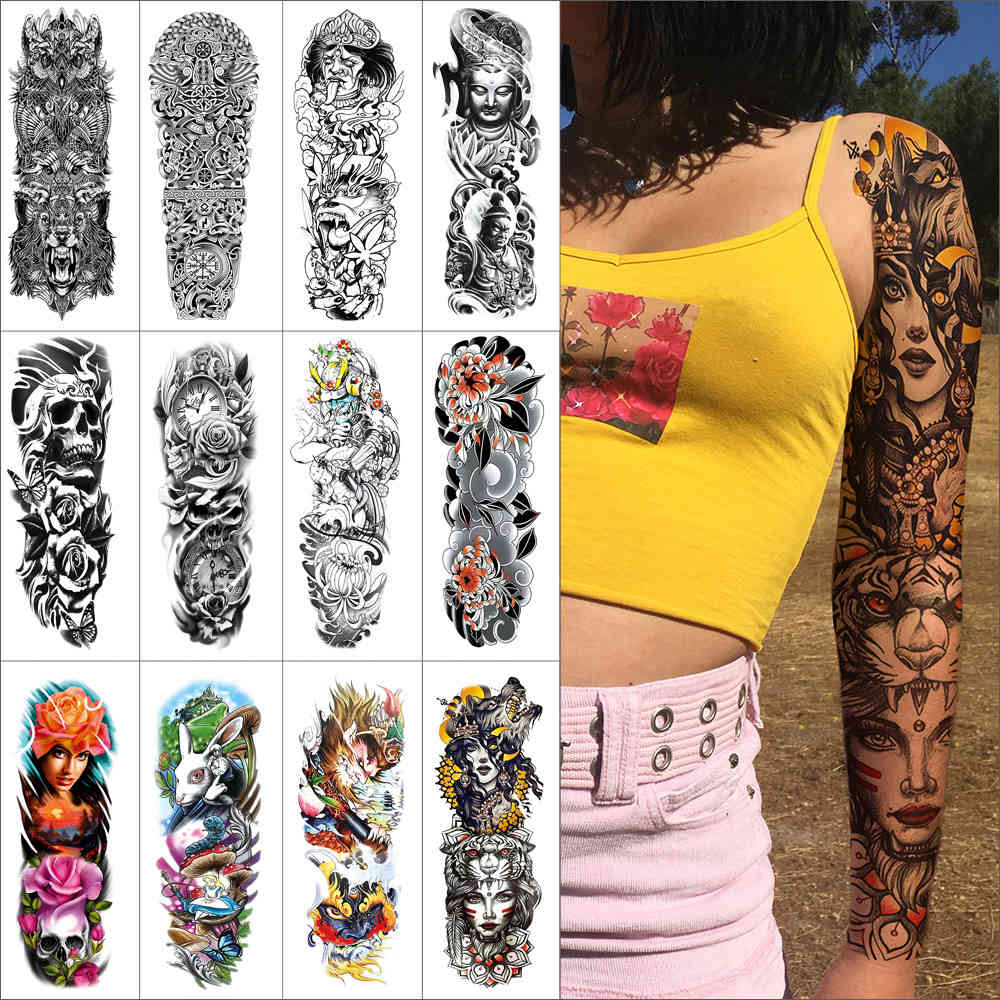 

Temporary waterproof full tattoo sticker Fish skulls flowers Tiger dragon Full art fake tattoos for men women arm thigh