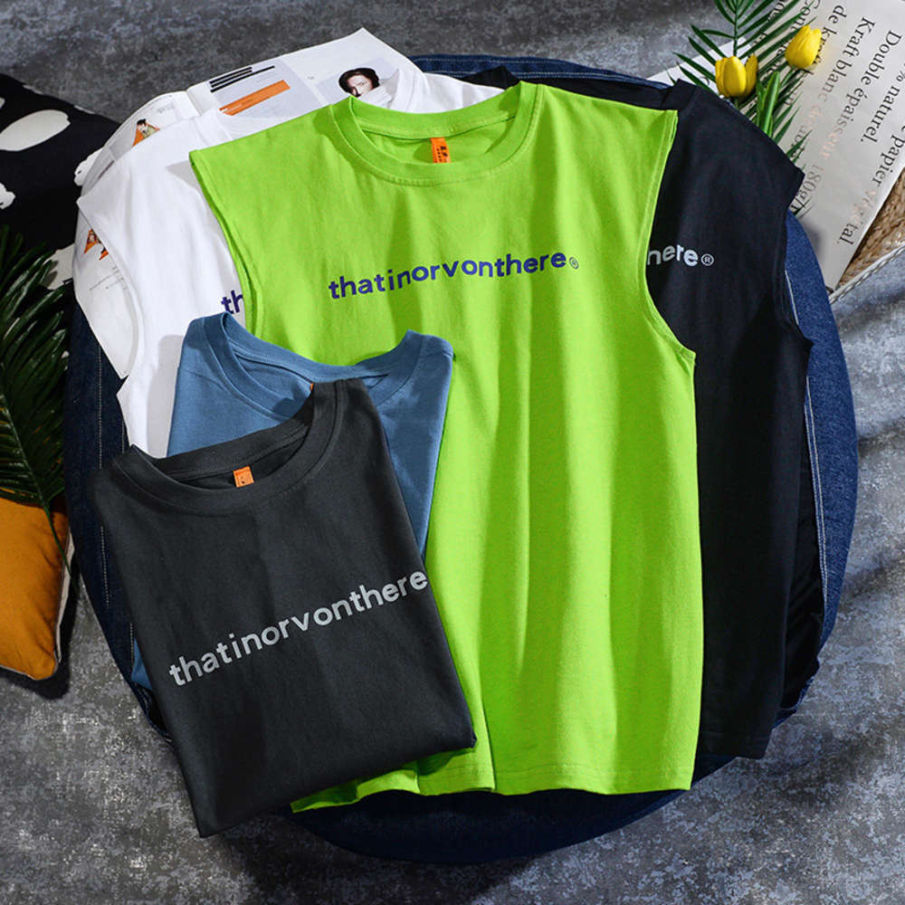 

Fashion trend fluorescent green sleeveless T-shirt loose summer new cotton round neck casual sports waistcoat for men