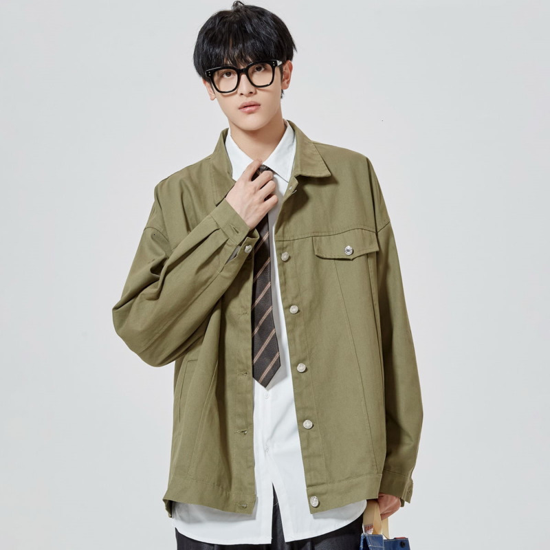 

2021 New Spring Autumn Cotton Men's Fashion Solid Color Retro Casual Jackets Mens Streetwear Korean Loose Tooling Jacket Men M-2xl Kc22, Black