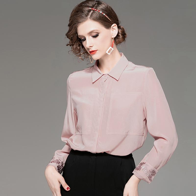 

Women' Blouses & Shirts Heavy Silk Shirt Turn Down Collar Embroidery Long Sleeves Fashion Blouse, Pink