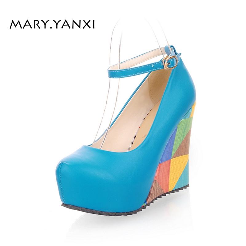

Spring Autumn Women Pumps Big Size Lady Shoes Platform Buckle Strap Super High Wedges Heels Round Toe Casual Fashion Shallow, Black