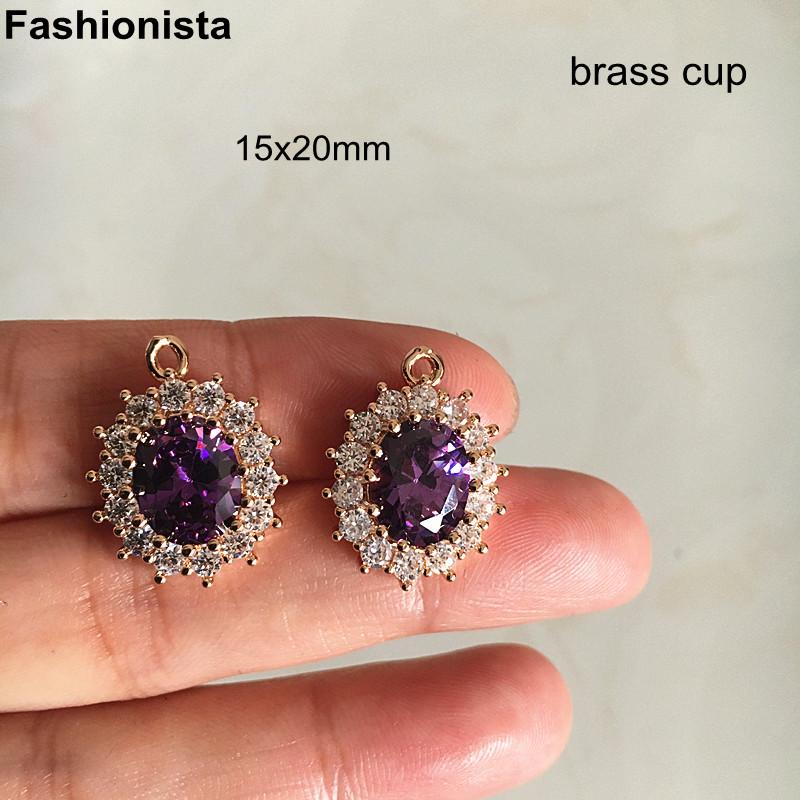 

Charms 6 Pcs Oval For Earrings DIY 15x20mm Sparkling Purple Zircon Inlaid Pendant Necklace Crystal Clear Stone Surrounded -M, Bronze;silver