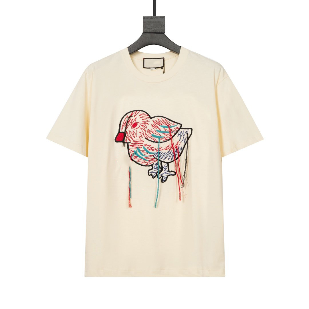 

2021 Europe Paris latest fashion embroidery bird letter printing all-match women's T-shirt casual cotton sports men's beige white T-shirt, White;black