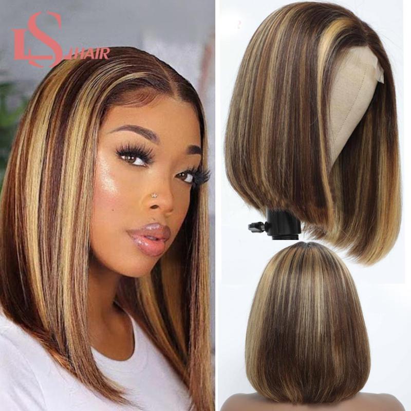 

Lace Wigs LS HAIR P4/27 Short Bob Closure Wig Human Brazilian 4x4x1 T Part For Women Pre Plucked Remy