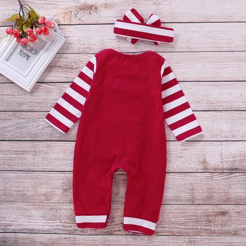 

0-2T Baby Girls Striped Romper Newborn Headband Girl Xmas Outfits Boys Christmas Letter Clothes Boy Rompers, Red