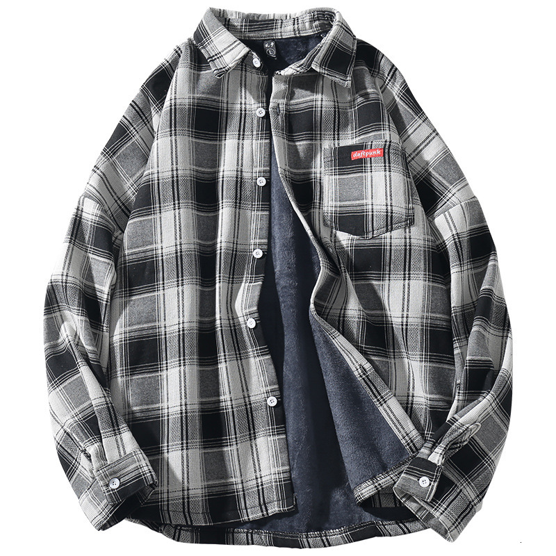 

2021 Men' Plaid Autumn New Men Plus Veet Long-sleeved Warm Japanese Retro Lapel Shirt Business Casual Shirts Tops Nw57, Red