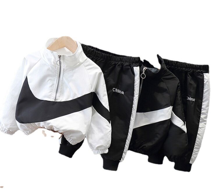 

Spring Autumn boys letter printed clothes sets kids Round Collar long sleeve jacket+casual trouser 2pcs fashion children Tracksuit outfits, Black